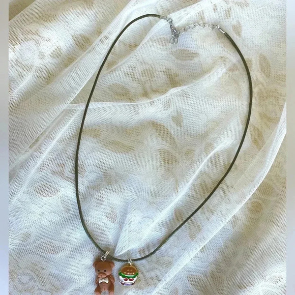 Hot Fashion Women/Girls Teddy Bear & Burger Charms Pendant & Waxed Cord Necklace - Picture 7 of 7